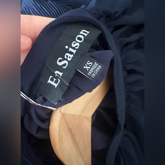 En Saison Navy Pleated Tiered Long Sleeve Mini Dress / Tunic Top XS Ruffle Sheer - Picture 8 of 10